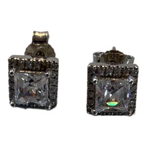 Tycoon Sterling Silver 925 Square Halo Cubic Zirconia CZ Studs Earrings Pierced